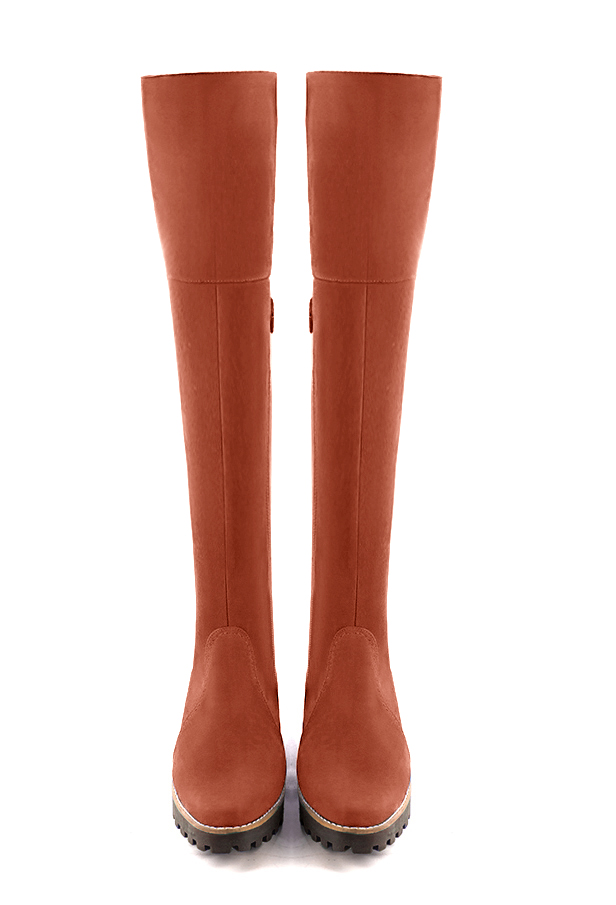Terracotta orange women's leather thigh-high boots. Round toe. Low rubber soles. Made to measure. Top view - Florence KOOIJMAN